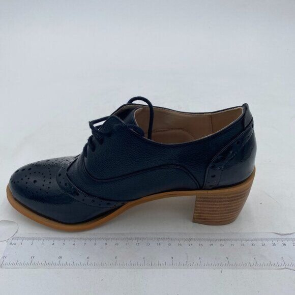 FOWT Black Perforated Lace-Up Oxfords Almond Toe Chunky Heel Brogues Shoes - Picture 2 of 8